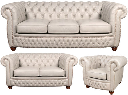 The Chamberlain Chesterfield 3 Piece Suite with 3 seater, 2 seater and club chair in English Fossil Grey leather