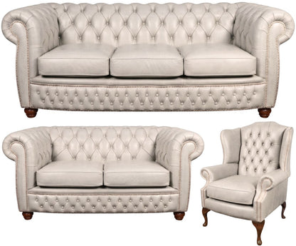 The Chamberlain Chesterfield 3 Piece Suite with 3 seater, 2 seater and wing chair in English Fossil Grey leather