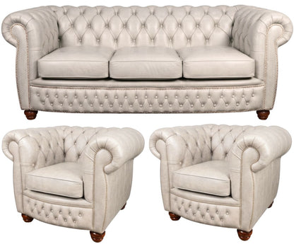 The Chamberlain Chesterfield 3 Piece Suite with 3 seater and 2 club chairs in English Fossil Grey leather
