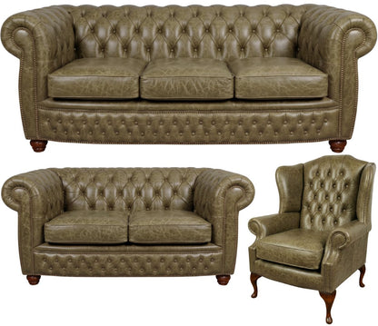 The Chamberlain Chesterfield 3 Piece Suite with 3 seater, 2 seater and wing chair in English Moss leather