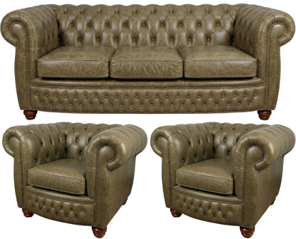 The Chamberlain Chesterfield 3 Piece Suite with 3 seater and 2 club chairs in English Moss leather