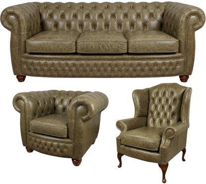The Chamberlain Chesterfield 3 Piece Suite with 3 seater, club chair and wing chair in English Moss leather