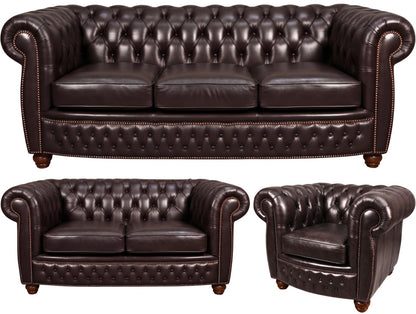 The Chamberlain Chesterfield 3 Piece Suite with 3 seater, 2 seater and club chair in English Smoke leather