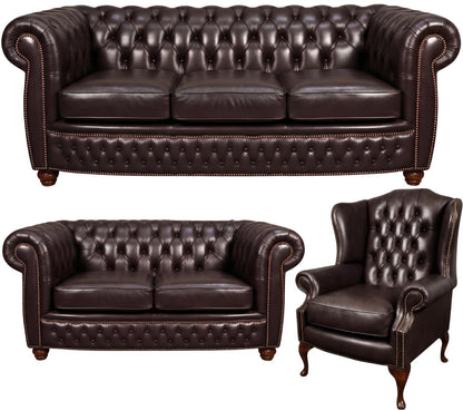 The Chamberlain Chesterfield 3 Piece Suite with 3 seater, 2 seater and wing chair in English Smoke leather