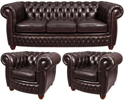 The Chamberlain Chesterfield 3 Piece Suite with 3 seater and 2 club chairs in English Smoke leather