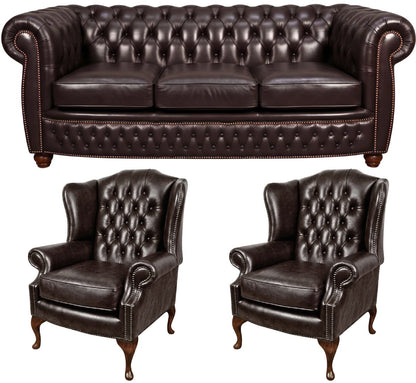 The Chamberlain Chesterfield 3 Piece Suite with 3 seater and 2 wing chairs in English Smoke leather