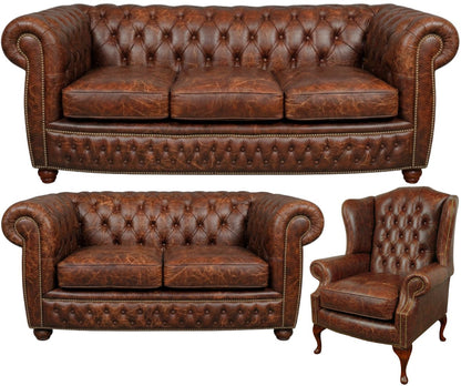 The Chamberlain Chesterfield 3 Piece Suite with 3 seater, 2 seater and wing chair in Vintage Chestnut leather