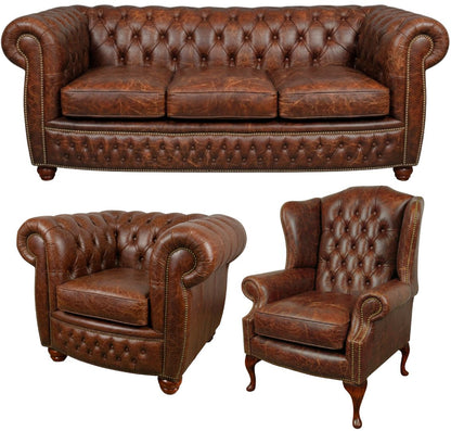 The Chamberlain Chesterfield 3 Piece Suite with 3 seater, club chair and wing chair in Vintage Chestnut leather