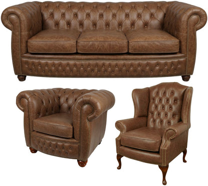 The Chamberlain Chesterfield 3 Piece Suite with 3 seater and 2 club chairs in Vintage Hazel leather