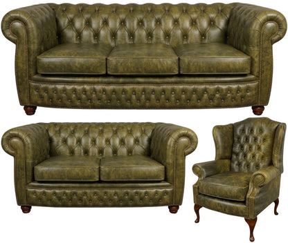 The Chamberlain Chesterfield 3 Piece Suite with 3 seater, 2 seater and wing chair in Vintage Moss leather