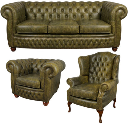The Chamberlain Chesterfield 3 Piece Suite with 3 seater, club chair and wing chair in Vintage Moss leather
