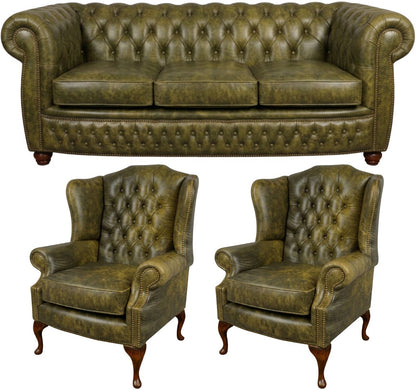 The Chamberlain Chesterfield 3 Piece Suite with 3 seater and 2 wing chairs in Vintage Moss leather