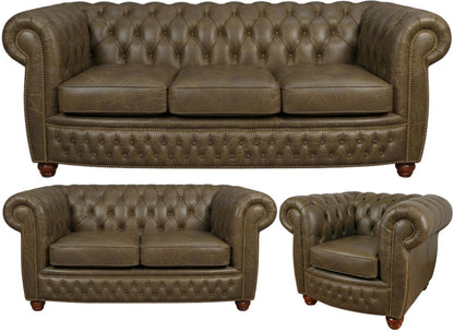 The Chamberlain Chesterfield 3 Piece Suite with 3 seater, 2 seater and club chair in Vintage Olive leather