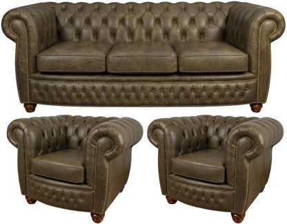 The Chamberlain Chesterfield 3 Piece Suite with 3 seater and 2 club chairs in Vintage Olive leather