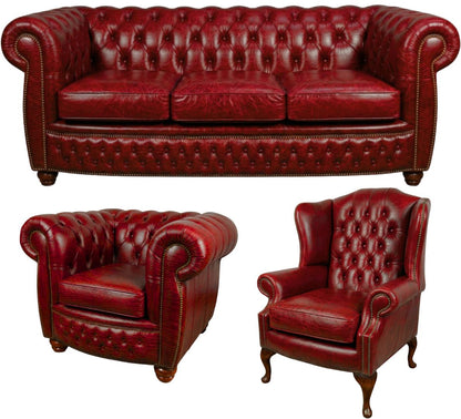The Chamberlain Chesterfield 3 Piece Suite with 3 seater, club chair and wing chair in Vintage Poppy leather