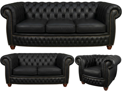 The Chamberlain Chesterfield 3 Piece Suite with 3 seater, 2 seater and club chair in Windsor Black leather