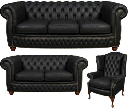 The Chamberlain Chesterfield 3 Piece Suite with 3 seater, 2 seater and wing chair in Windsor Black leather
