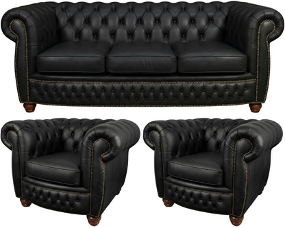The Chamberlain Chesterfield 3 Piece Suite with 3 seater and 2 club chairs in Windsor Black leather