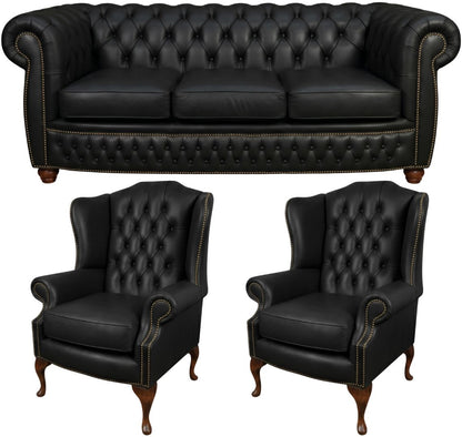 The Chamberlain Chesterfield 3 Piece Suite with 3 seater and 2 wing chairs in Windsor Black leather