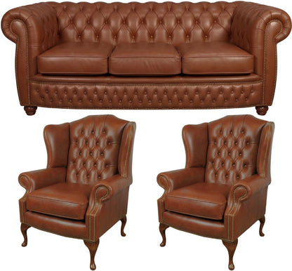 The Chamberlain Chesterfield 3 Piece Suite with 3 seater and 2 wing chairs in Windsor Cocoa leather