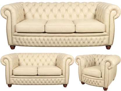 The Chamberlain Chesterfield 3 Piece Suite with 3 seater, 2 seater and club chair in Windsor Cottonseed leather