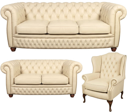 The Chamberlain Chesterfield 3 Piece Suite with 3 seater, 2 seater and wing chair in Windsor Cottonseed leather