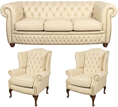 The Chamberlain Chesterfield 3 Piece Suite with 3 seater and 2 wing chairs in Windsor Cottonseed leather