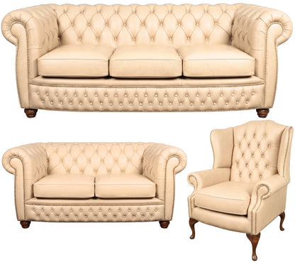 The Chamberlain Chesterfield 3 Piece Suite with 3 seater, 2 seater and wing chair in Windsor Cream leather