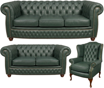 The Chamberlain Chesterfield 3 Piece Suite with 3 seater, 2 seater and wing chair in Windsor Forest Green leather