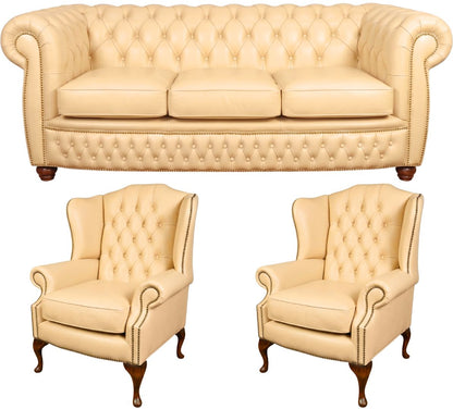 The Chamberlain Chesterfield 3 Piece Suite with 3 seater and 2 club chairs in Windsor Ivory leather