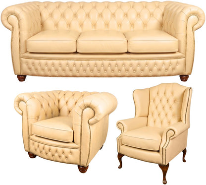 The Chamberlain Chesterfield 3 Piece Suite with 3 seater, club chair and wing chair in Windsor Ivory leather