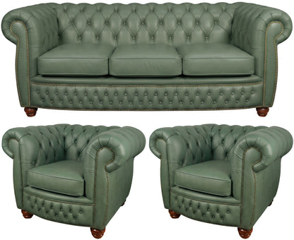 The Chamberlain Chesterfield 3 Piece Suite with 3 seater and 2 club chairs in Windsor Lichen leather