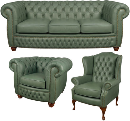 The Chamberlain Chesterfield 3 Piece Suite with 3 seater, club chair and wing chair in Windsor Lichen leather