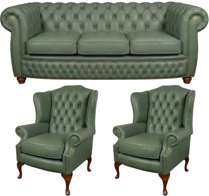The Chamberlain Chesterfield 3 Piece Suite with 3 seater and 2 wing chairs in Windsor Lichen leather