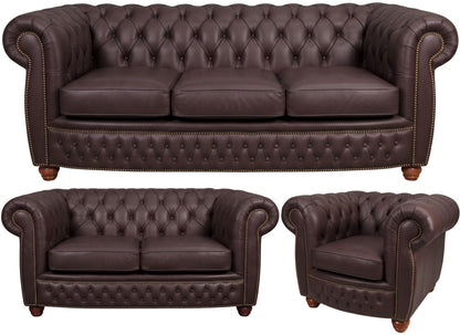 The Chamberlain Chesterfield 3 Piece Suite with 3 seater, 2 seater and club chair in Windsor Mocca leather