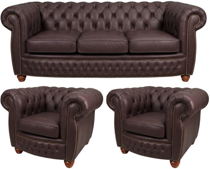 The Chamberlain Chesterfield 3 Piece Suite with 3 seater and 2 club chairs in Windsor Mocca leather