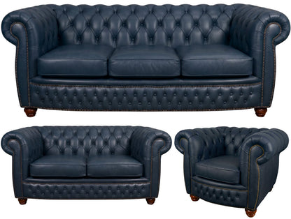 The Chamberlain Chesterfield 3 Piece Suite with 3 seater, 2 seater and club chair in Windsor Navy Blue leather