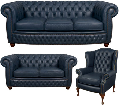 The Chamberlain Chesterfield 3 Piece Suite with 3 seater, 2 seater and wing chair in Windsor Navy Blue leather