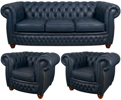 The Chamberlain Chesterfield 3 Piece Suite with 3 seater and 2 club chairs in Windsor Navy Blue leather