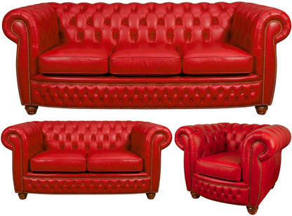 The Chamberlain Chesterfield 3 Piece Suite with 3 seater, 2 seater and club chair in Windsor Red leather