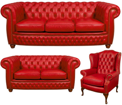 The Chamberlain Chesterfield 3 Piece Suite with 3 seater, 2 seater and wing chair in Windsor Red leather