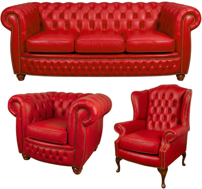 The Chamberlain Chesterfield 3 Piece Suite with 3 seater, club chair and wing chair in Windsor Red leather