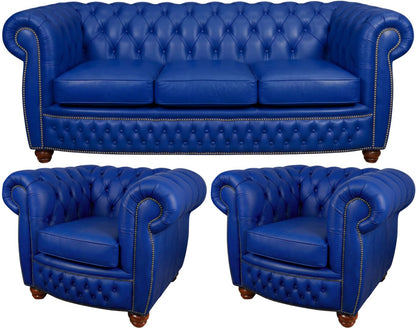 The Chamberlain Chesterfield 3 Piece Suite with 3 seater and 2 club chairs in Windsor Ultramarine leather