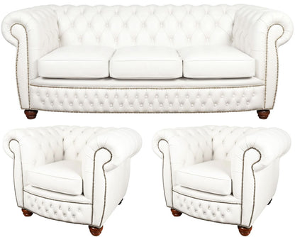 The Chamberlain Chesterfield 3 Piece Suite with 3 seater and 2 club chairs in Windsor White leather