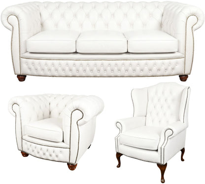 The Chamberlain Chesterfield 3 Piece Suite with 3 seater, club chair and wing chair in Windsor White leather
