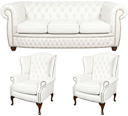 The Chamberlain Chesterfield 3 Piece Suite with 3 seater and 2 wing chairs in Windsor White leather