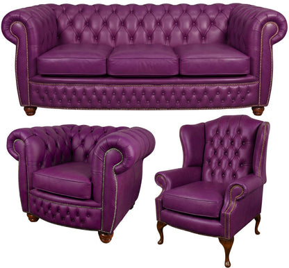 The Chamberlain Chesterfield 3 Piece Suite with 3 seater, club chair and wing chair in Windsor Wineberry leather