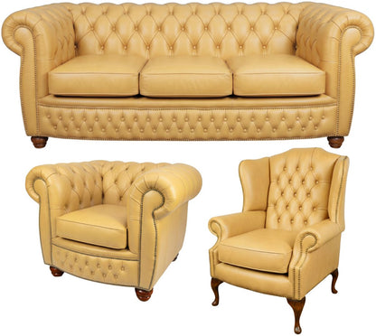 The Chamberlain Chesterfield 3 Piece Suite with 3 seater, club chair and wing chair in Windsor Yellow leather