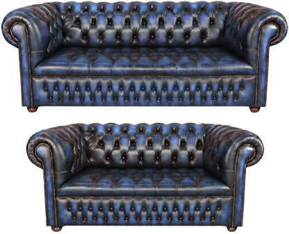 The Churchill Chesterfield 3 Piece Suite with 3 seater and 2 seater in Antique Blue leather