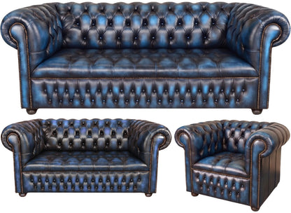 The Churchill Chesterfield 3 Piece Suite with 3 seater, 2 seater and club chair in Antique Blue leather